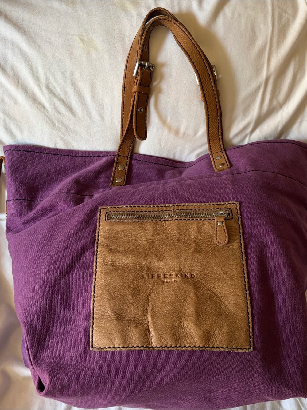 Liebeskind Berlin Purple Canvas Tote with Tan Leather Pocket and Straps
